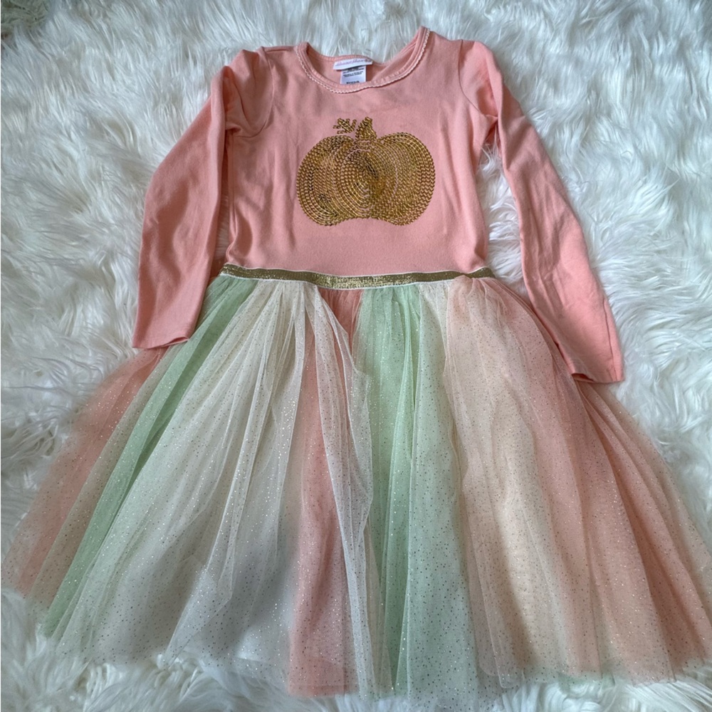Fall/Thanksgiving dress with sequins pumpkin and tutu - size 7